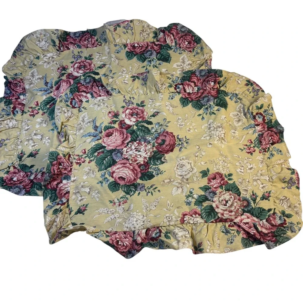 Yellow Floral Ruffled Pillow Shams Set of 2 Cottagecore Rose Print VTG